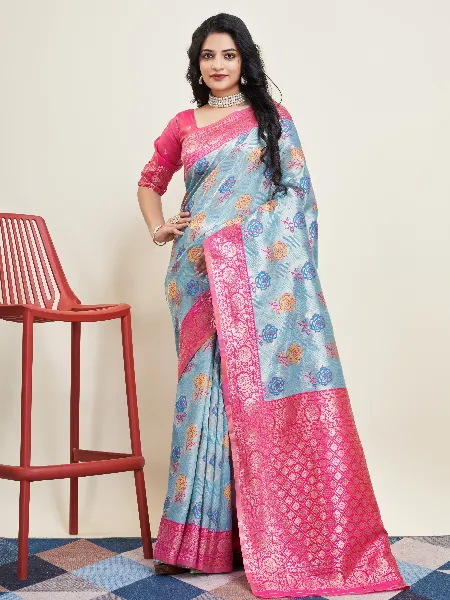 Sky Blue Pure Kanjivaram Silk Sari With Blouse and Beautiful Zari Weaving