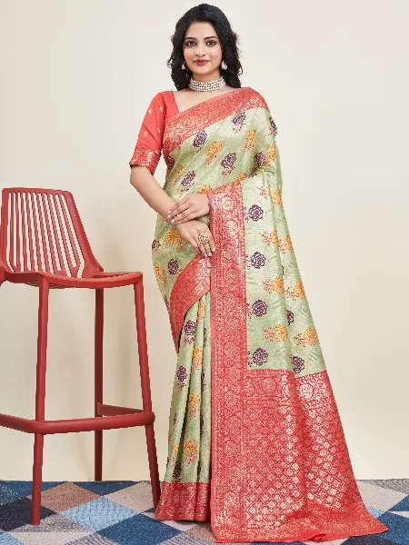 Lemon Green Pure Kanjivaram Silk Sari With Blouse and Beautiful Zari Weaving