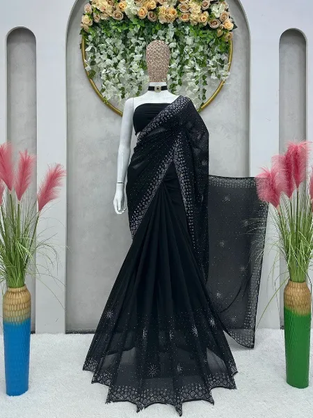 Black Color Saree in Georgette With Hot Fix Stone Work and Blouse