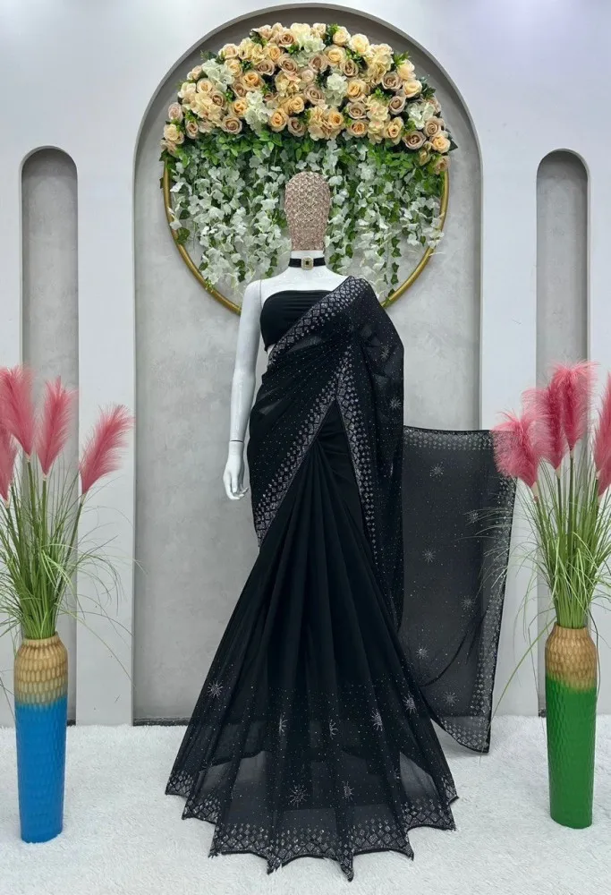 Black Stone Embellished Saree In Satin