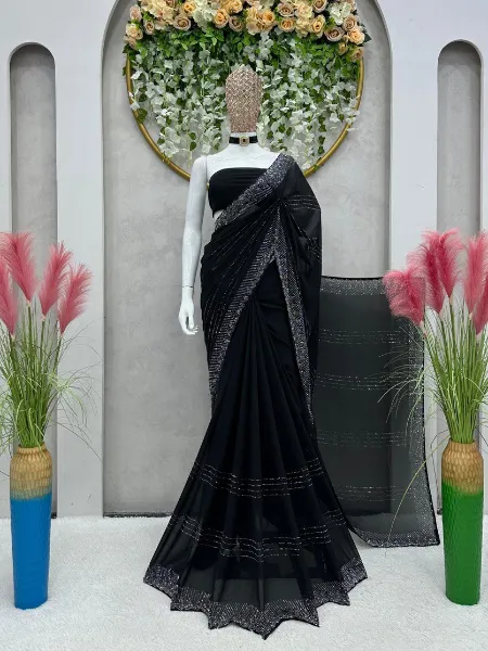 Black Color Saree in Georgette With Line Hot Fix Stone Work and Blouse