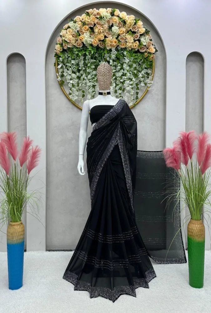 Shop Stunning Black Stone Work Designer Net Sari Online in USA – Pure  Elegance