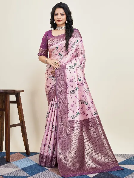 Light Pink Pure Kanjivaram Silk Saree With Blouse and Beautiful Zari Weaving