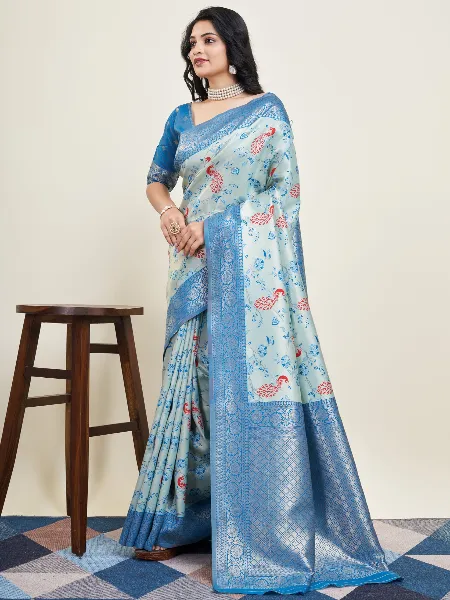 Sky Blue Pure Kanjivaram Silk Saree With Blouse and Beautiful Zari Weaving