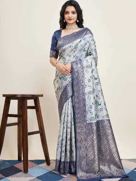 Grey Pure Kanjivaram Silk Saree With Blouse and Beautiful Zari Weaving