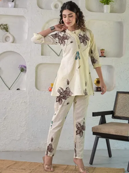 Cream Color Designer Co Ord Set in Cotton With Coffee Digital Print Fancy Co Ords Set