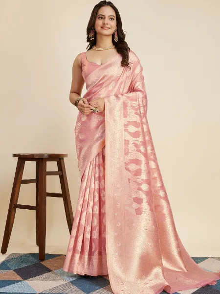 Pink Cotton Silk Saree With Blouse and Zari Weaving Indian Sari in Cotton