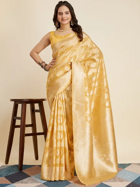 Yellow Cotton Silk Saree With Blouse and Zari Weaving Indian Sari in Cotton