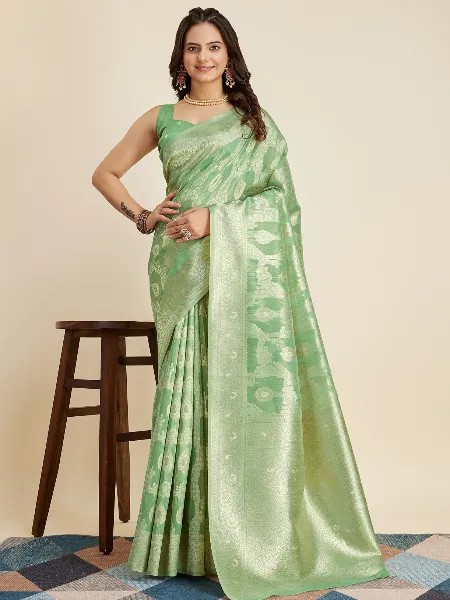 Green Cotton Silk Saree With Blouse and Zari Weaving Indian Sari in Cotton