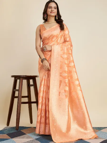 Orange Cotton Silk Saree With Blouse and Zari Weaving Indian Sari in Cotton