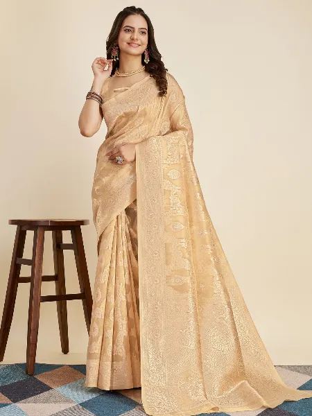 Beige Cotton Silk Saree With Blouse and Zari Weaving Indian Sari in Cotton