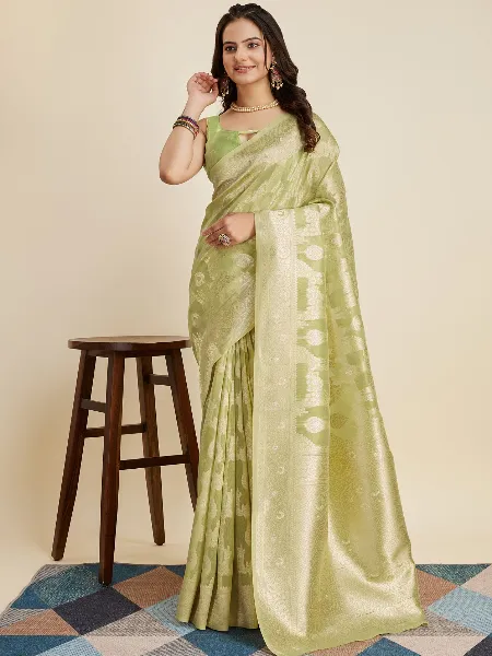 Mehendi Cotton Silk Saree With Blouse and Zari Weaving Indian Sari in Cotton