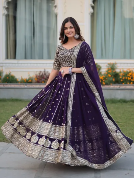 Indian Lehenga Choli in Purple Georgette With Sequence and Zari Embroidery