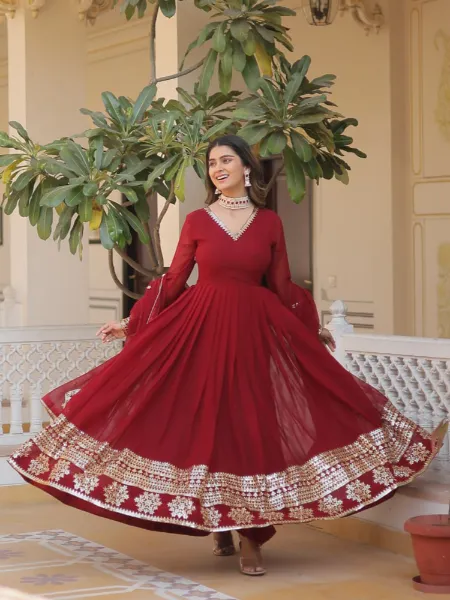 Maroon Color Sequins Gown in Georgette With Dupatta Indian Gown & Dress