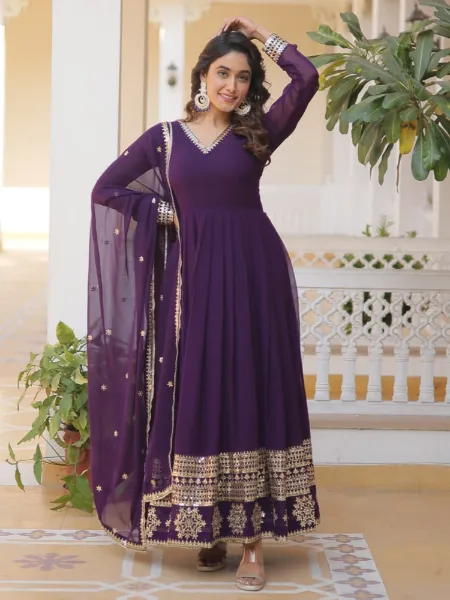 Wine Color Sequins Gown in Georgette With Dupatta Indian Gown & Dress