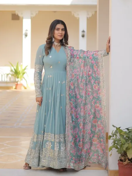 Sky Blue Color Sequins Gown in Georgette With Designer Dupatta Indian Gown