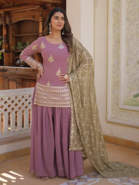 Lavender Top and Sharara Set in Georgette With Sequence Embroidery and Dupatta