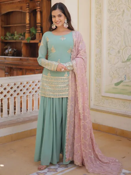 Pista Top and Sharara Set in Georgette With Sequence Embroidery and Dupatta