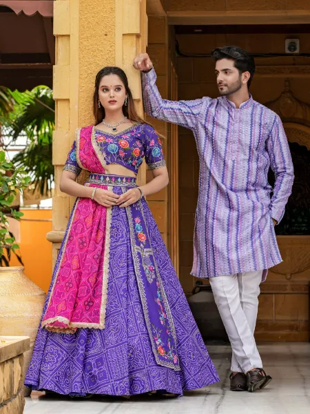 Purple Color Couple Combo in Simmer With Bandhani Print and Embroidery Work