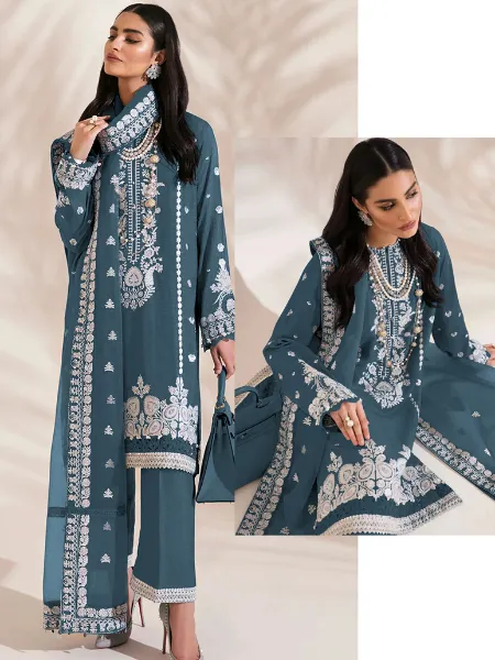 Blue Pakistani Dress in Georgette With Sequins and Moti Work Eid Collection