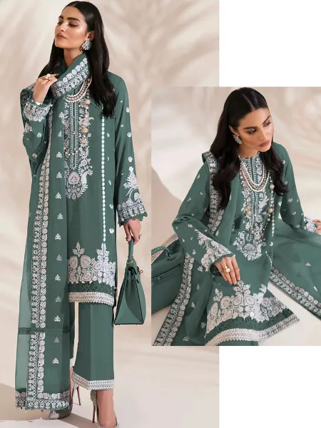Green Pakistani Dress in Georgette With Sequins and Moti Work Eid Collection