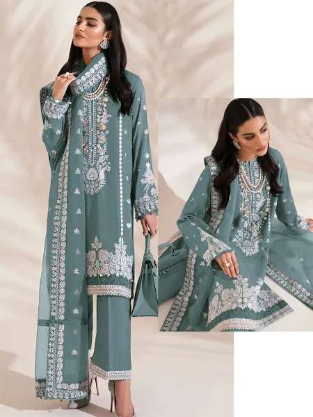 Sky Blue Pakistani Dress in Georgette With Sequins and Moti Work Eid Collection