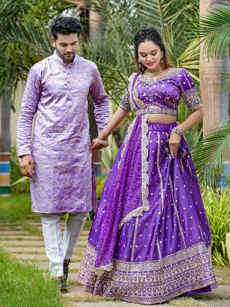 Purple Color Couple Combo in Satin With Zari Embroidery and Sequins Work