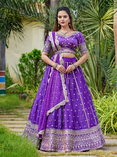 Purple Color Bridal Lehenga Choli in Satin With Zari Embroidery and Sequins Work