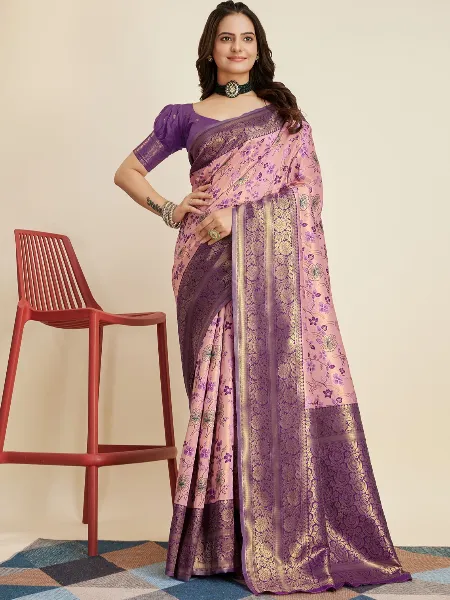 Lavender Pure Kanjivaram Saree With Blouse and Beautiful Zari Weaving Work