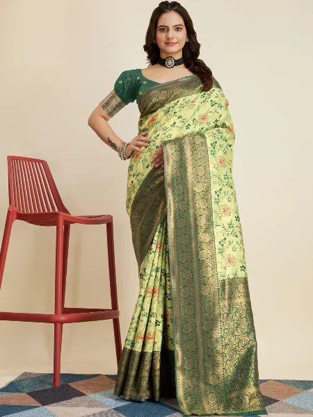 Lemon Green Pure Kanjivaram Saree With Blouse and Beautiful Zari Weaving Work