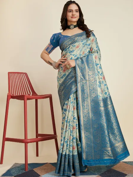 Sky Blue Pure Kanjivaram Saree With Blouse and Beautiful Zari Weaving Work