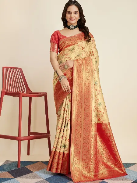 Yellow Pure Kanjivaram Saree With Blouse and Beautiful Zari Weaving Work