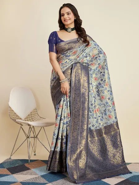 Grey Pure Kanjivaram Saree With Blouse and Beautiful Zari Weaving Work