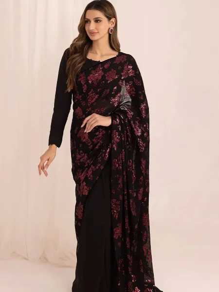 Black Color Sequins Saree in Georgette for Reception Party and Night Event