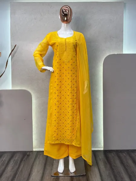 Yellow Color Georgette Top Palazzo and Dupatta With Embroidery Work Haldi Dress