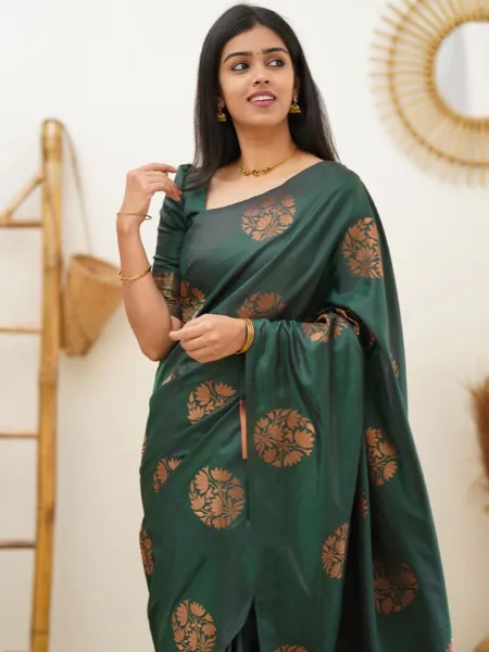 Green Bridesmaid Saree in Lichi Silk With Weaving Work and Blouse Indian Sari