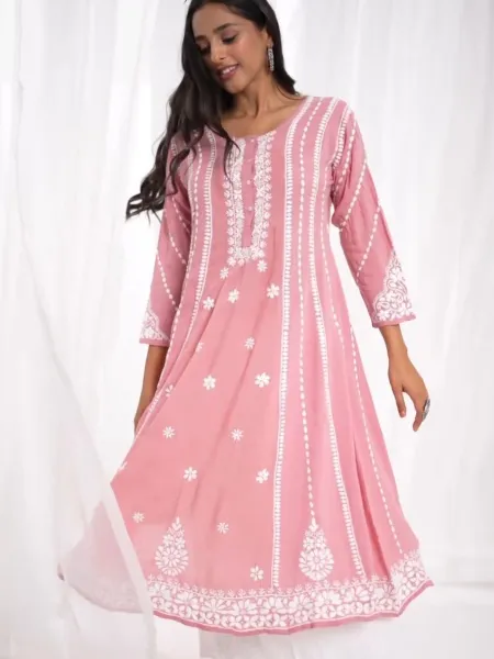 Light Pink Color Rayon Salwar Suit With Cotton Thread Embroidery and Pant
