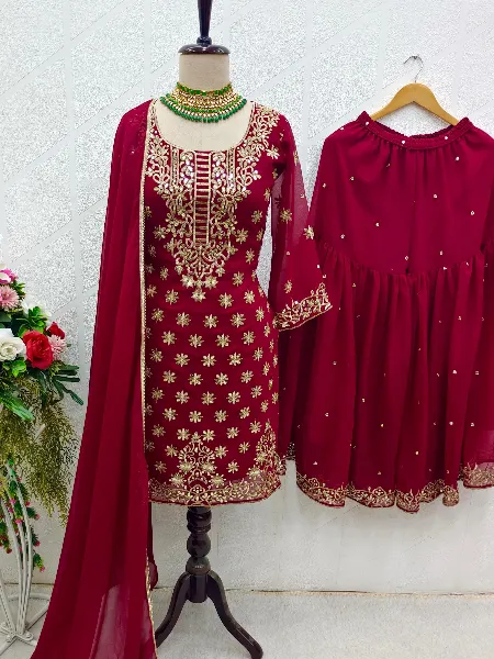 Maroon Color Top Sharara and Dupatta Set With Sequins Embroidery in Georgette