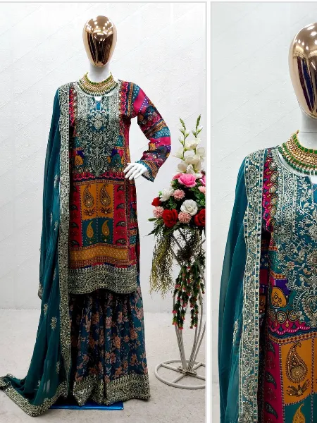 Rama Top Sharara and Dupatta Set With Print Embroidery Pakistani Style Sharara