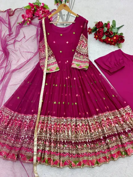 Wine Color Georgette Gown With Sequins Embroidery Work and Dupatta