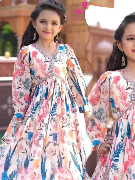 Multi Color Kids Gown With Digital Print in Georgette Fabric and Dupatta