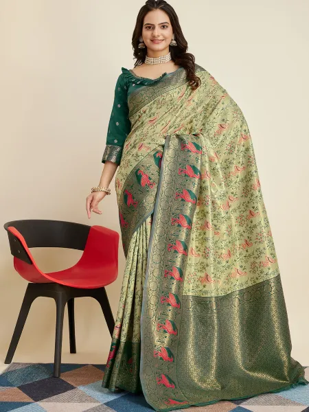 Lemon Green Sari in Pure Kanjivaram Silk With Blouse and Zari Weaving Work