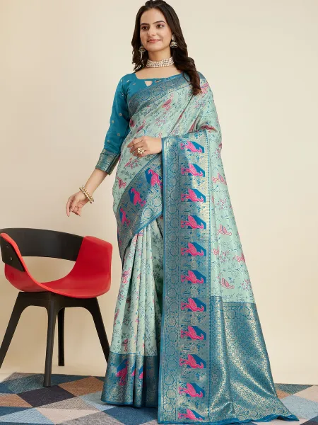 Sky Blue Sari in Pure Kanjivaram Silk With Blouse and Zari Weaving Work