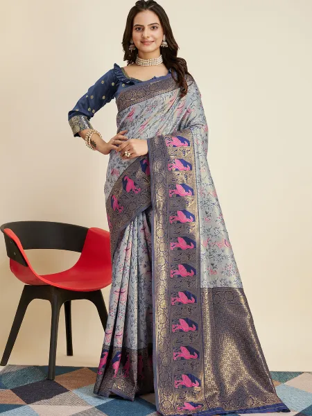 Grey Sari in Pure Kanjivaram Silk With Blouse and Zari Weaving Work