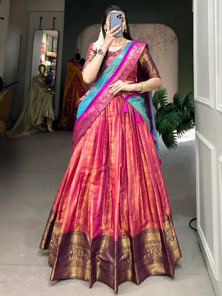 Half Saree Lehenga for Wedding in Pink Kanjivaram Silk With Dupatta