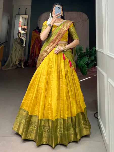 Half Saree Lehenga for Wedding in Yellow Kanjivaram Silk With Dupatta