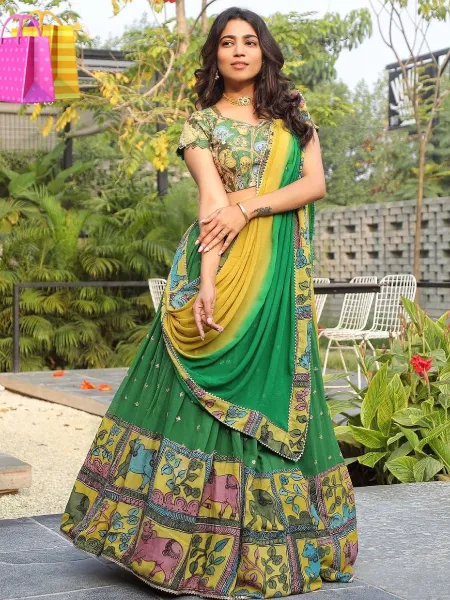 Green South Indian Lehenga Choli With Readymade Blouse With Kalamkari Print