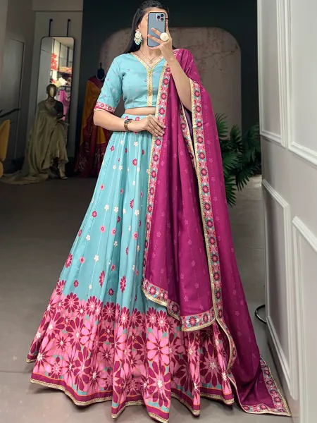 Sky Blue Designer Lehenga Choli in Vaishali Silk With Digital Print Sequins Lace