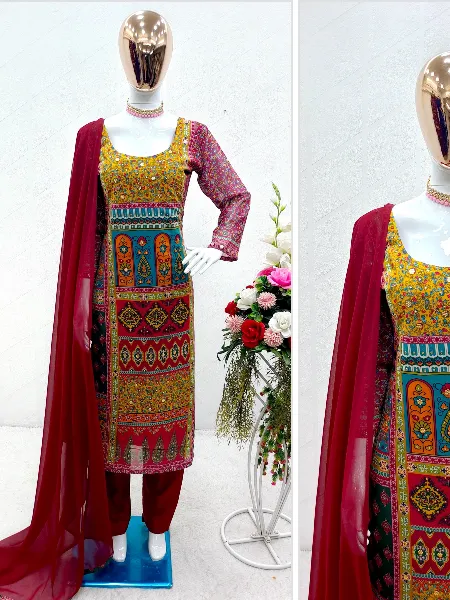 Maroon Top Pant and Dupatta Set With Print Embroidery Pakistani Style Suit