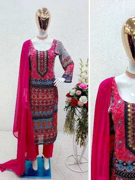 Pink Top Pant and Dupatta Set With Print Embroidery Pakistani Style Suit